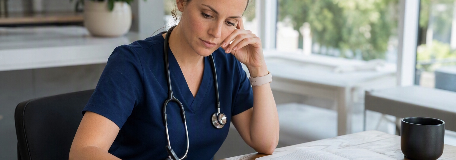 Nurse student in scrubs engaged in discussion with instructor in a classroom setting