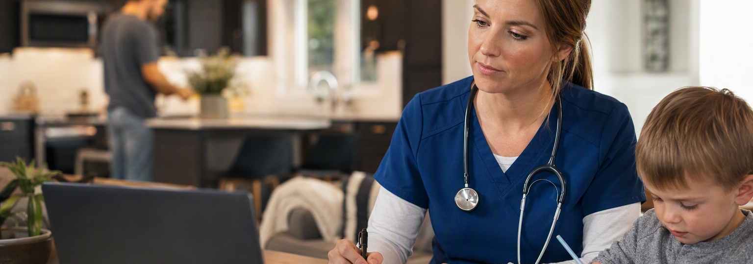 Nurse studying at a desk with books and a laptop in a bright home office