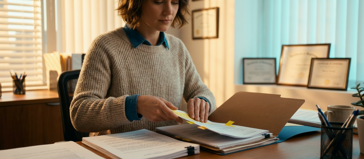 A legal professional reviews and highlights documents in a case file at a desk.