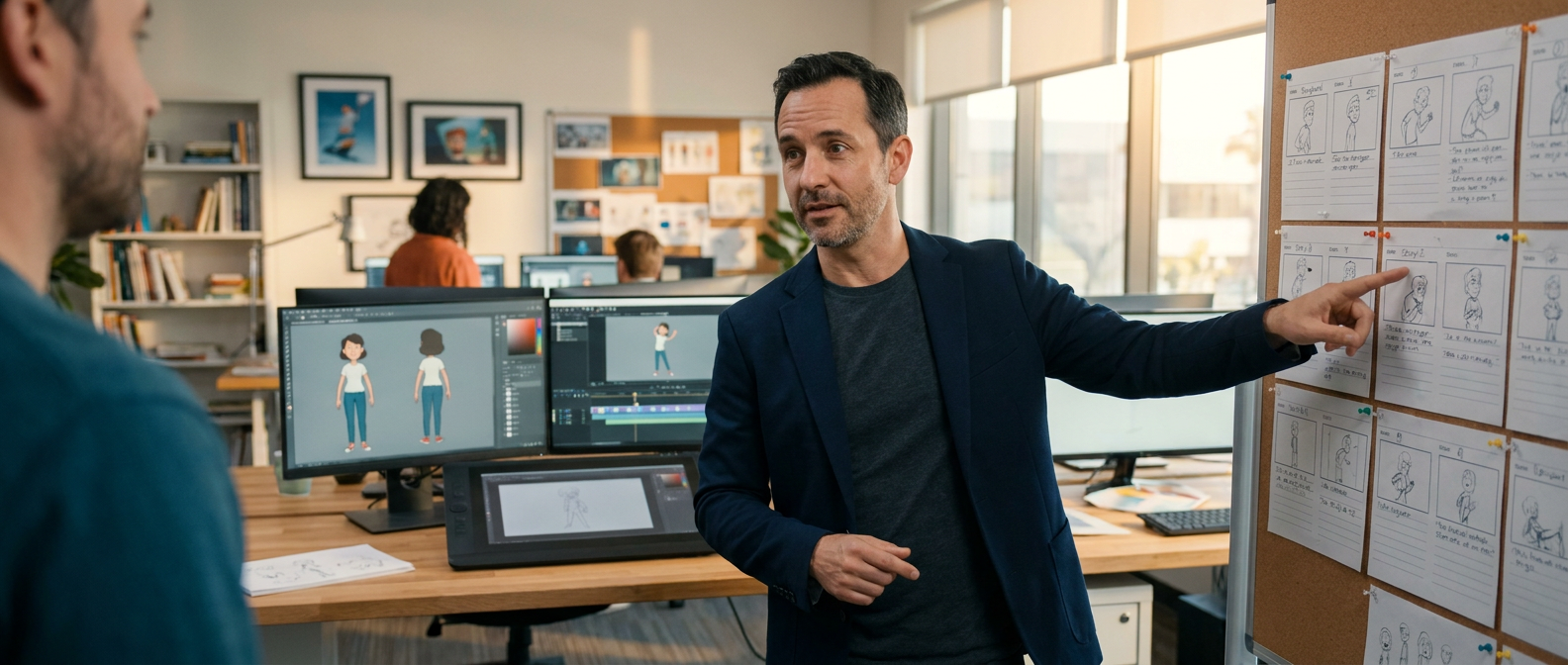 Professional animator reviews storyboards and character frames in a modern studio.
