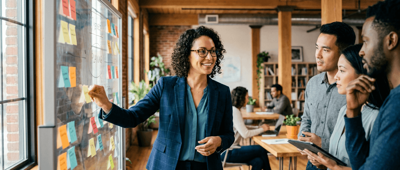 Project manager leading a team around a planning wall in a modern office.