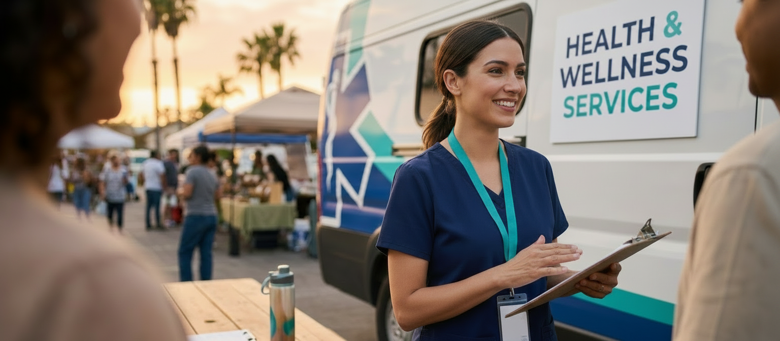 A healthcare professional speaks with community members beside a mobile health and wellness services van at an outdoor event.