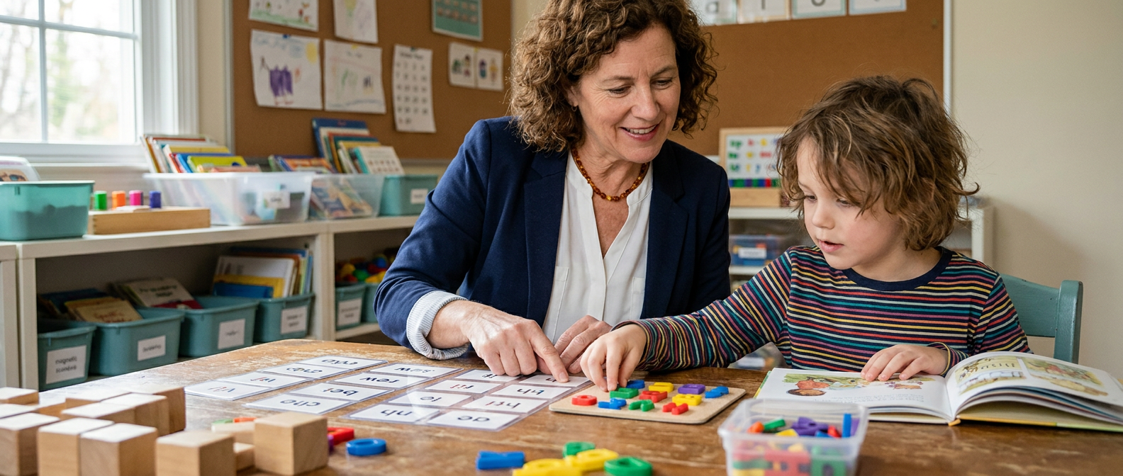 Reading specialist guiding a child through reading exercises in a school literacy room.