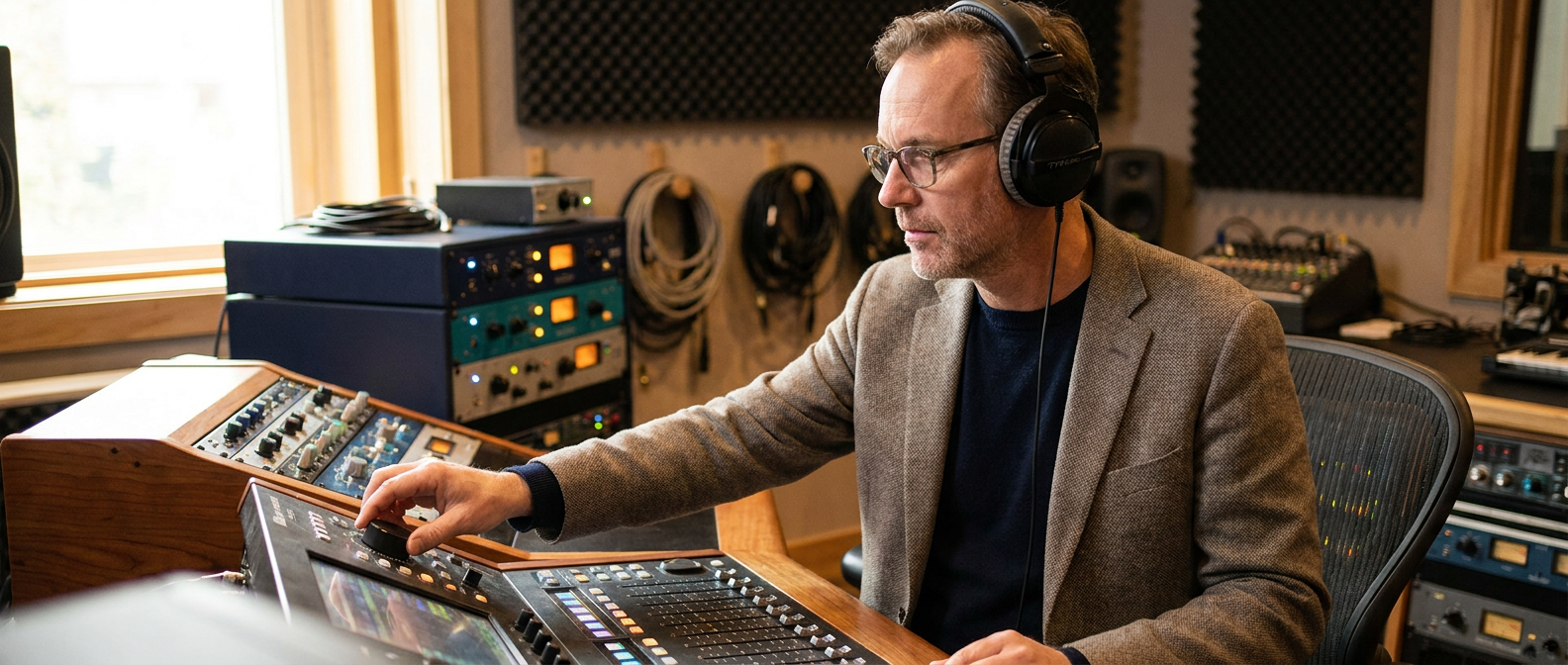 A music producer wearing headphones adjusts controls on an audio mixing console while working in a professional recording studio.