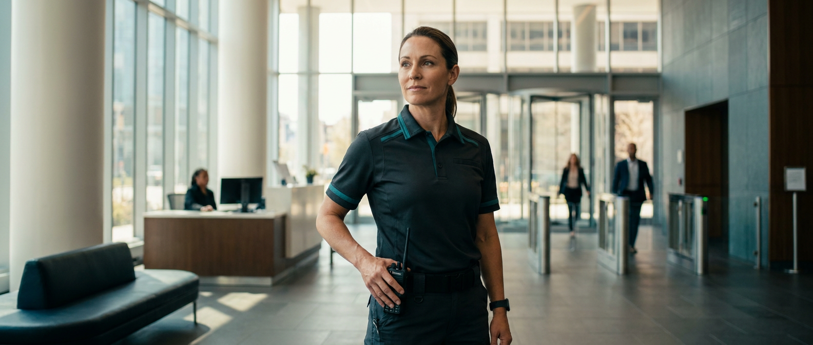 Security officer on duty in a modern lobby, using a radio and monitoring access points.