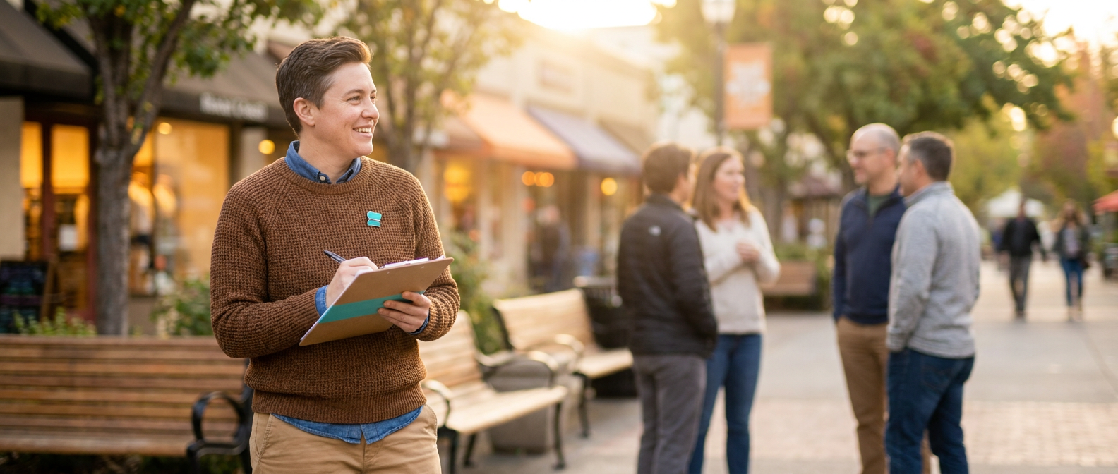 Sociologist taking notes while observing people in a busy neighborhood plaza.
