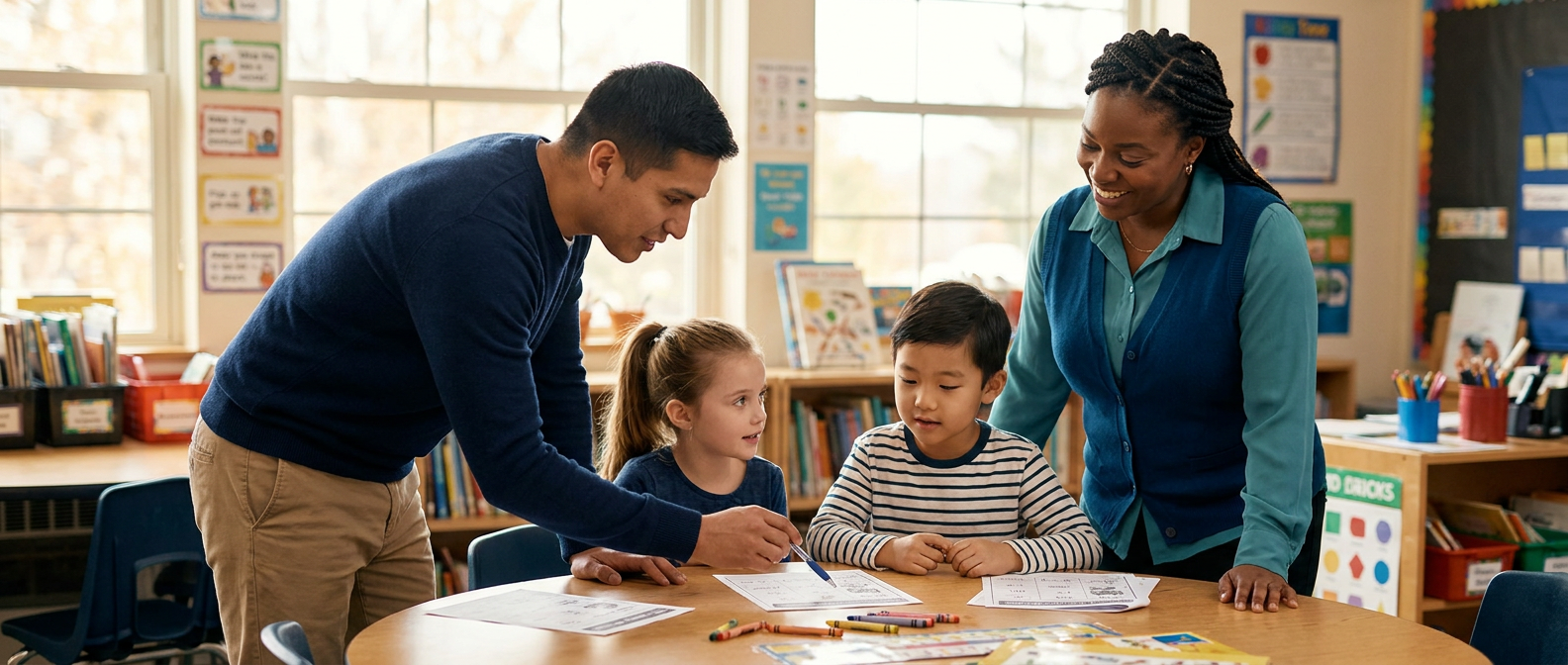 A teacher and classroom assistant guide two young students through a learning activity at a table in an elementary classroom.