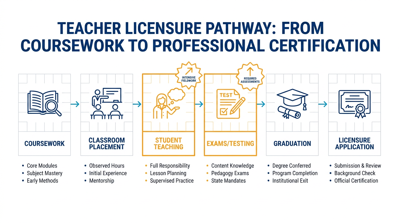Horizontal infographic timeline showing the teacher certification process with labeled steps for coursework, classroom placement, student teaching, exams/testing, graduation, and licensure application, with student teaching and testing visually emphasized. Clean, minimal design with flat icons and brand colors for clear readability.