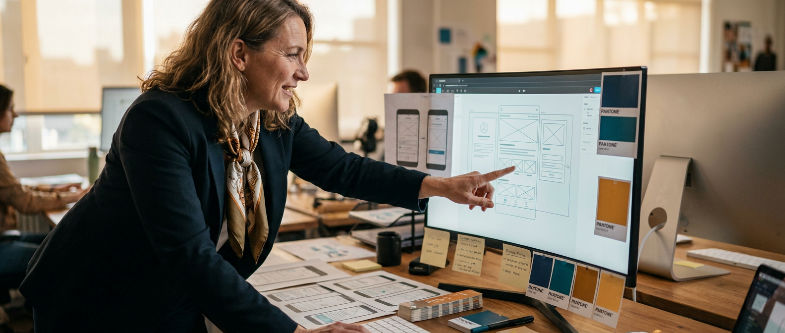 A UX designer reviews digital wireframes on a computer while working with printed interface layouts and design materials.