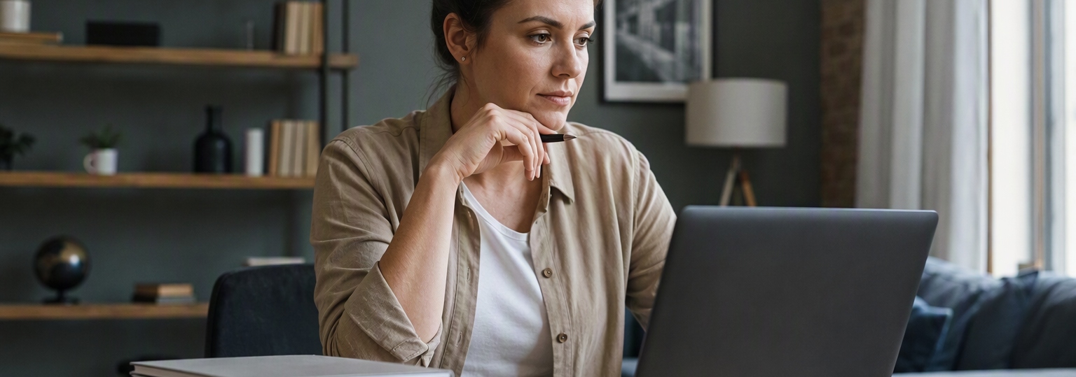 Adult student reviewing online criminal justice administration program requirements in a cozy study space