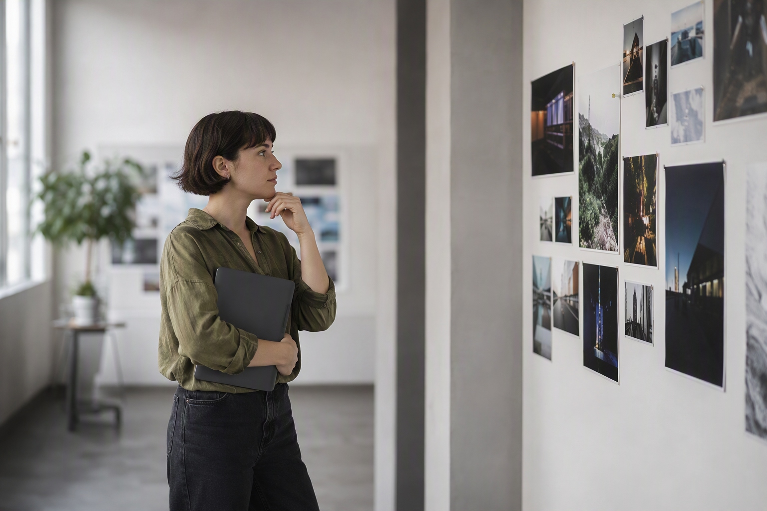 A professional reviewing a digital media portfolio with a student during an interview
