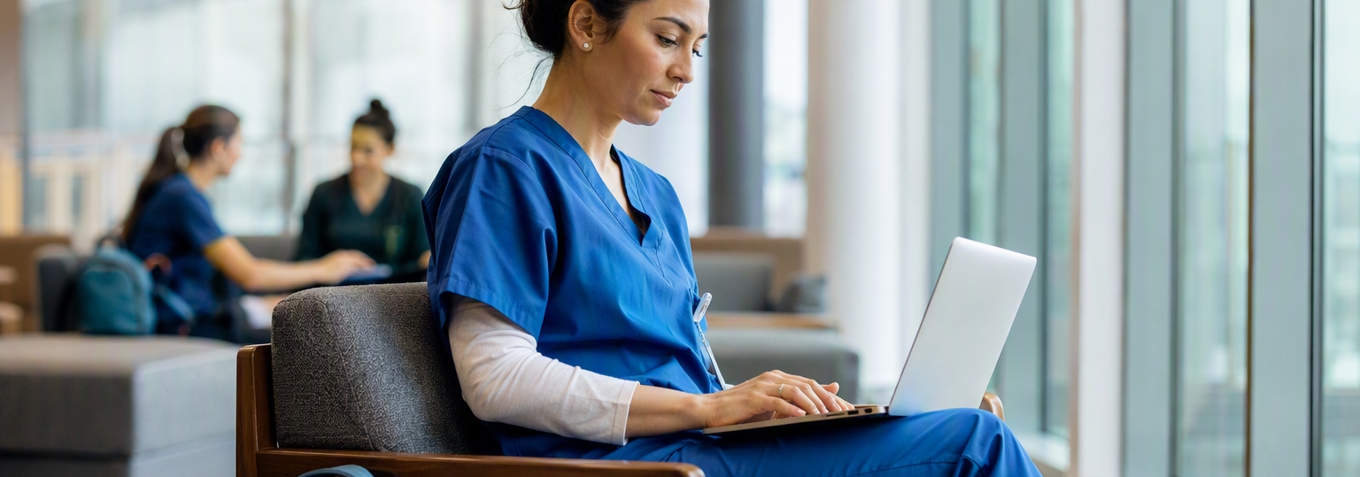 Nurse discussing online RN-to-BSN curriculum with an advisor in a professional setting