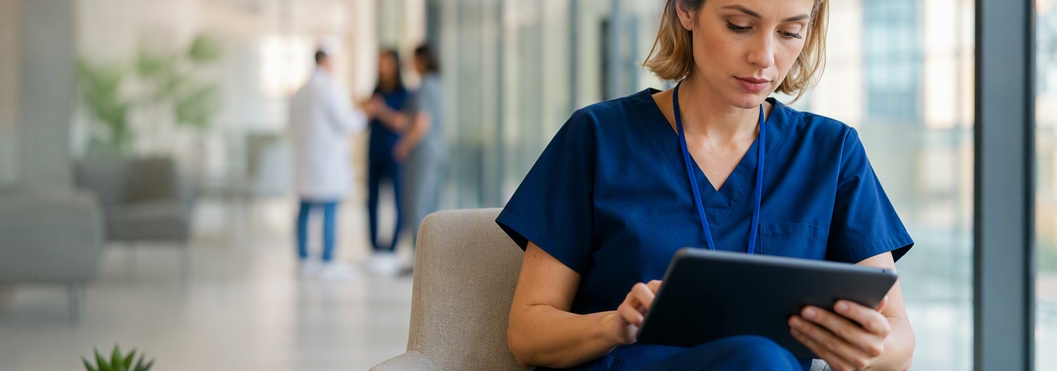 A nurse discussing online education options with a mentor in a modern office setting