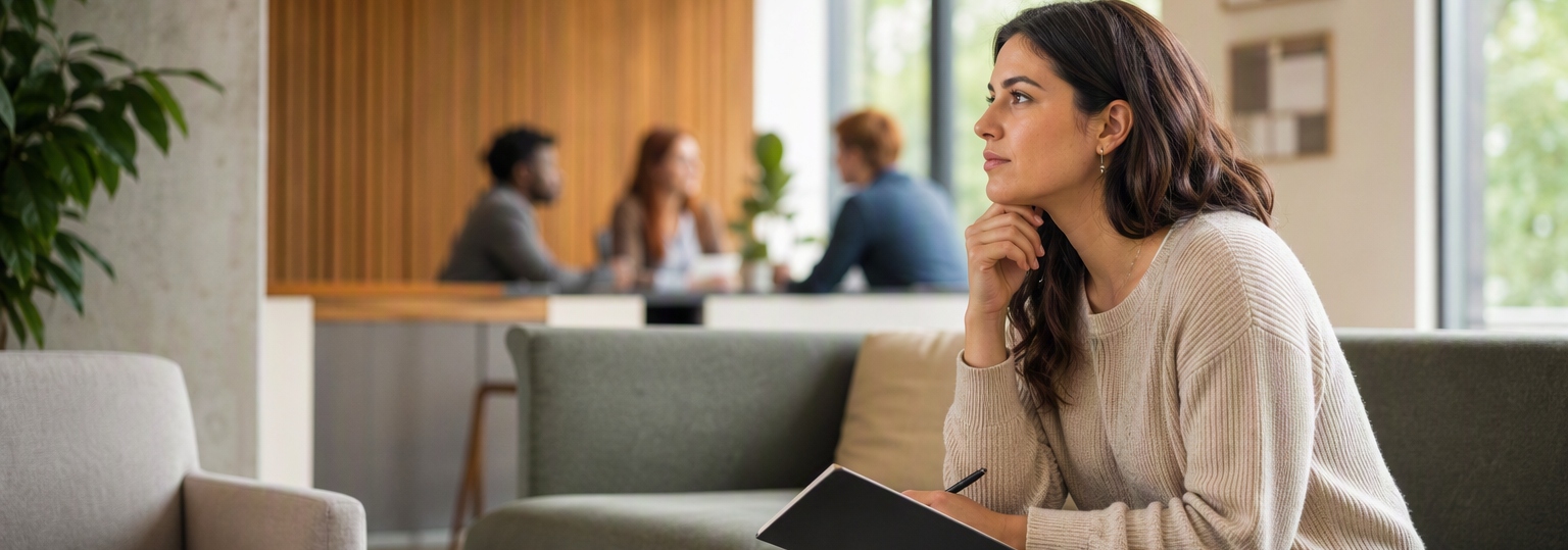 Individuals discussing career options related to an online sociology bachelor’s degree in a bright, modern workspace