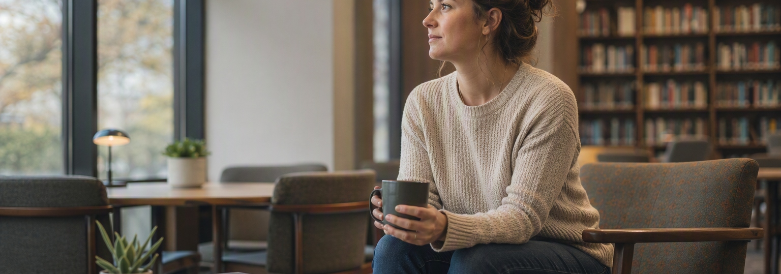 A focused adult studying in a bright, organized workspace about online pastoral counseling skills