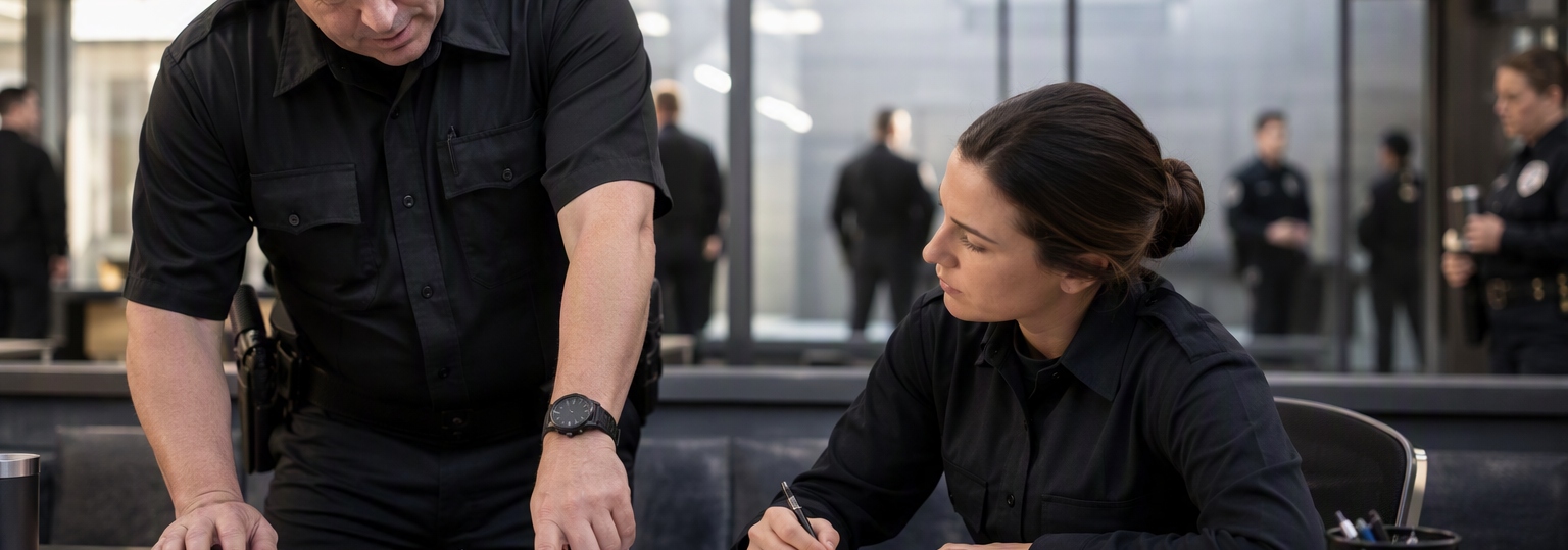 Two adults discussing criminal justice skills in a professional office setting
