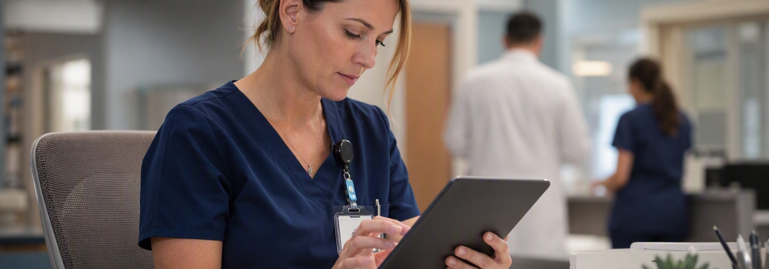 Nurse discussing leadership strategies with colleagues in a modern healthcare setting