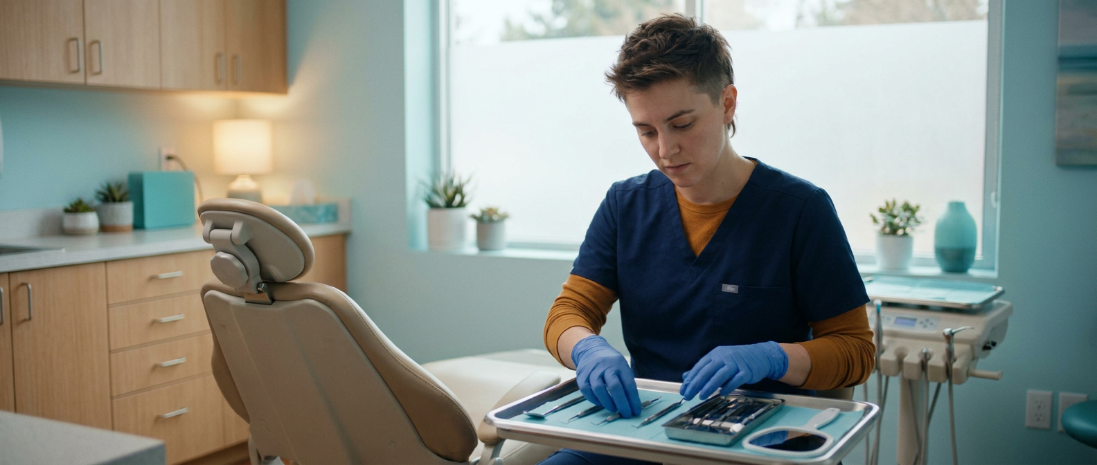 Dental hygienist preparing instruments in a modern clinic operatory.