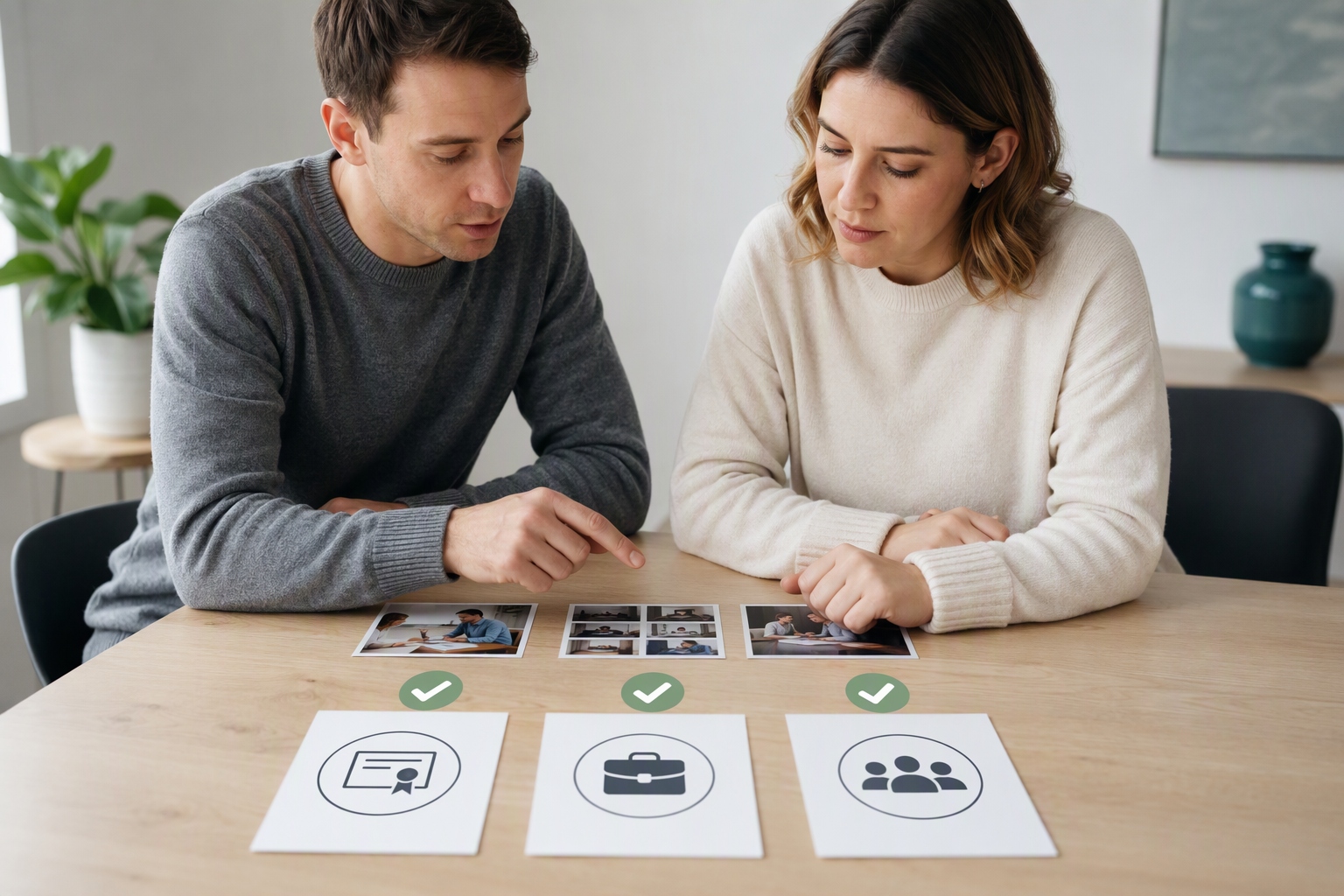 Three checkmarks representing certificate, portfolio, and experience for e-learning job requirements