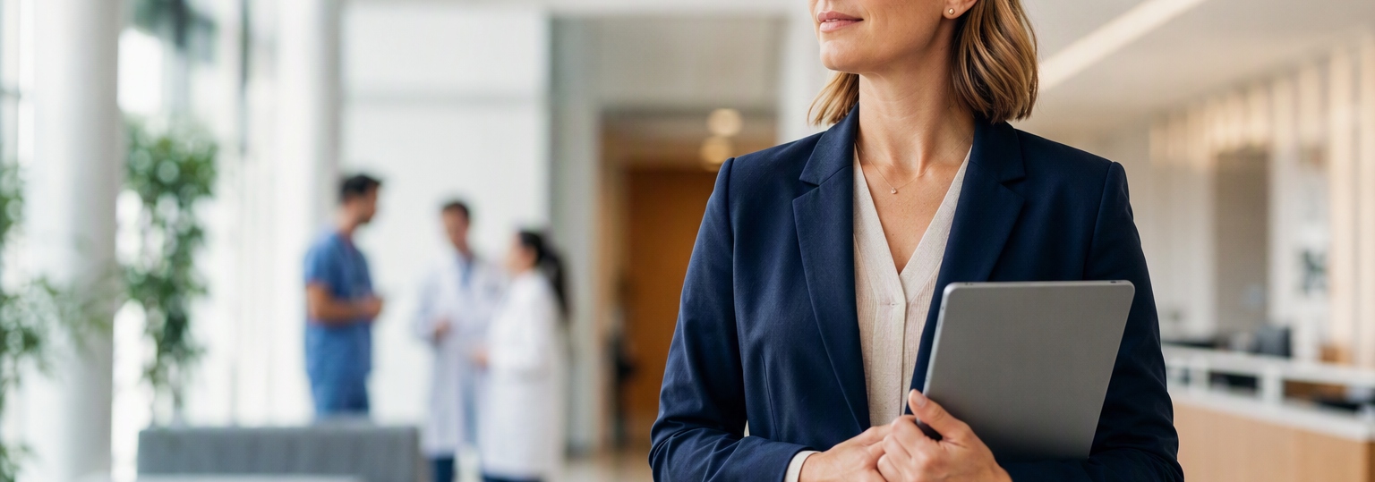 Healthcare professional discussing nursing administration strategies in a modern clinical workspace