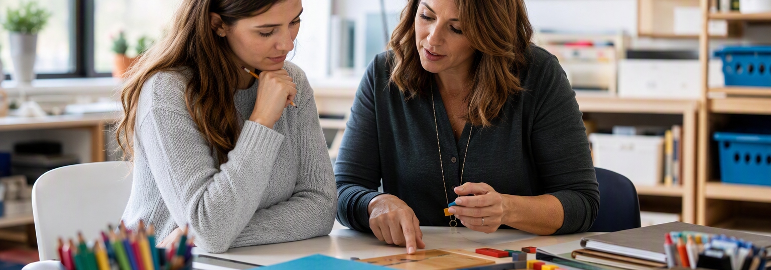 Adults discussing educational paths in a professional setting for gifted education programs