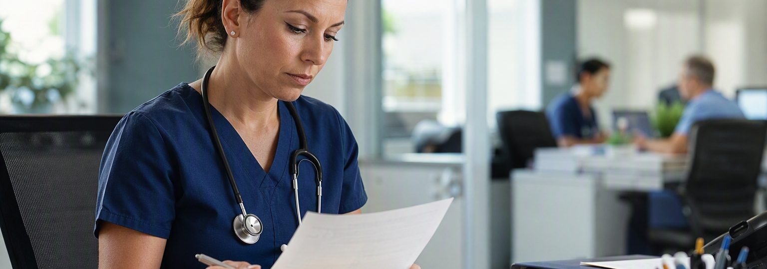 Nurse discussing healthcare administration degree options with a mentor in a modern office setting