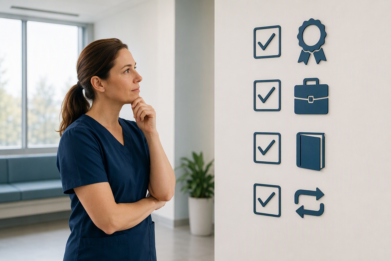 Checklist displaying accreditation, job requirements, curriculum, and transfer rules for healthcare administration certificate