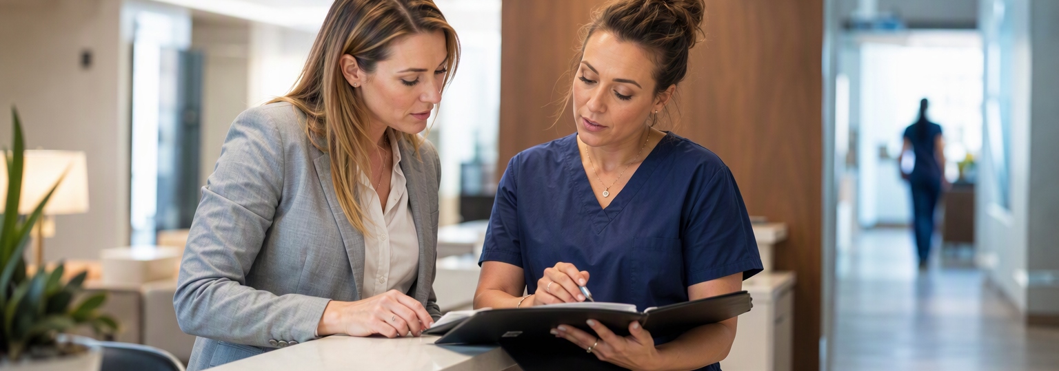Candid moment between adults discussing healthcare administration in a professional office setting