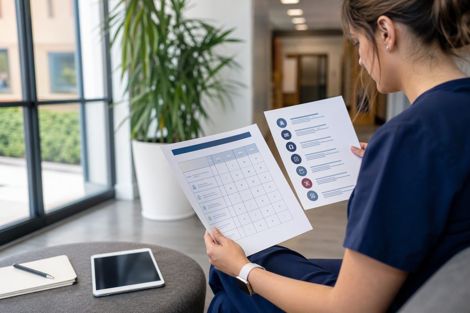 Student comparing online healthcare administration curriculum with job postings for degree evaluation