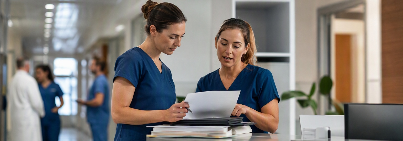 Healthcare professionals collaborating in a modern training environment for administrative skills
