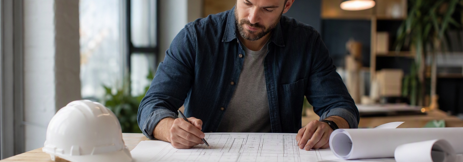 Adult discussing online construction management bachelor’s paths in a comfortable home study setting