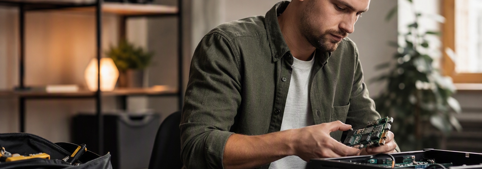 A student contemplating options for an online IT associate degree in a study setting