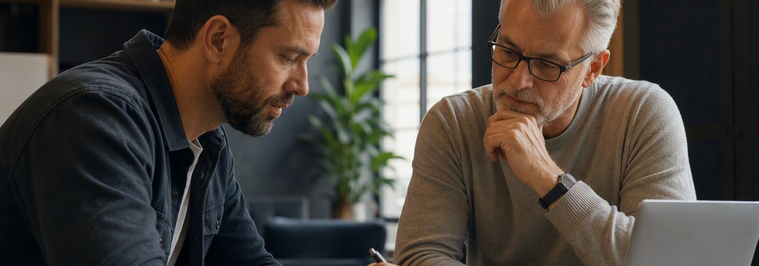 Two adults discussing options for online ministry doctorate in a cozy study setting