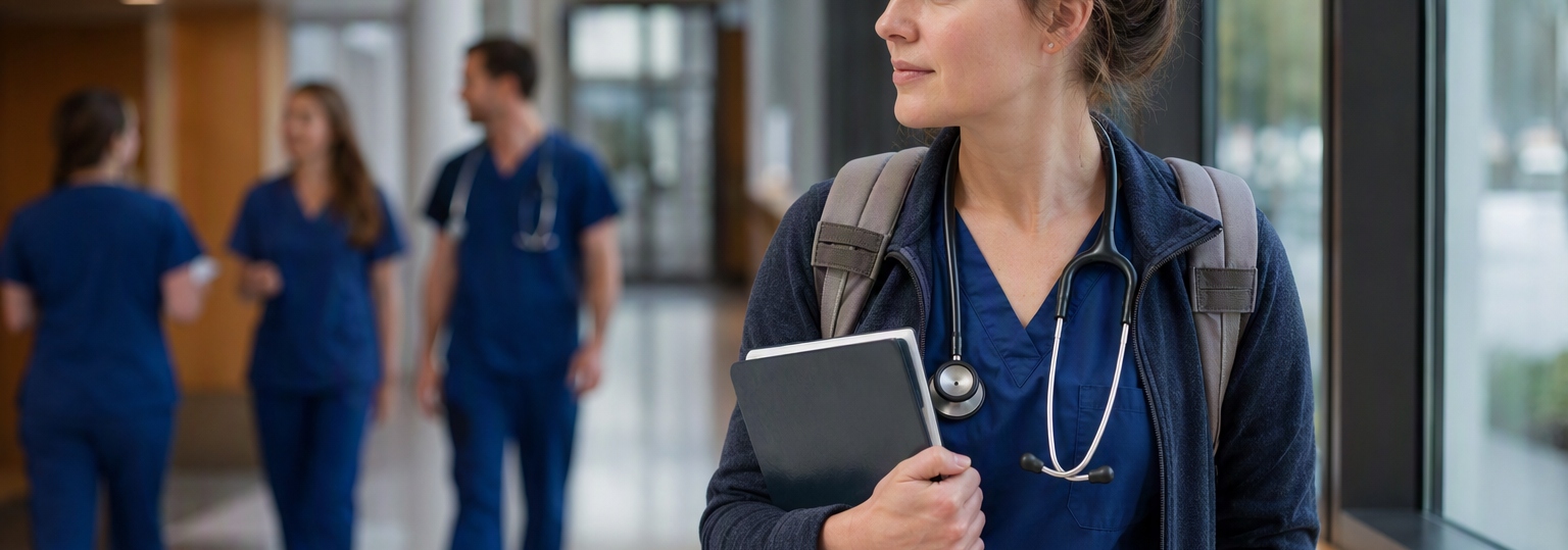 Two nurses discussing education paths in a campus advising space with natural lighting
