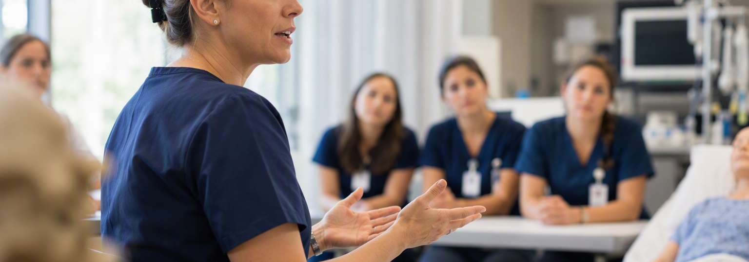 Nurse educator discussing practicum requirements in a classroom setting with students