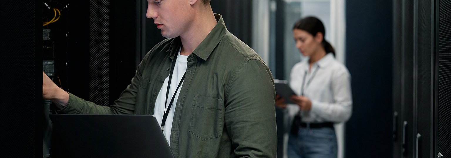 Adults discussing online associate IT degree options in a campus advising space