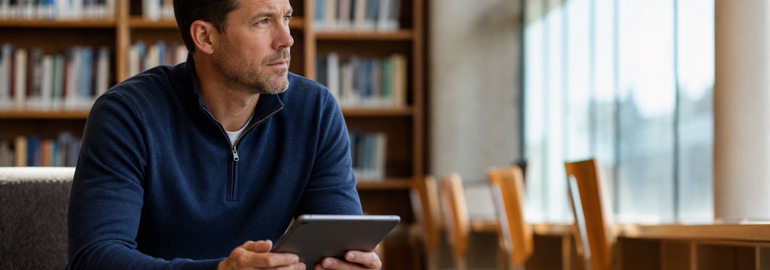 Adult student considering an online computer information systems degree in a bright study setting