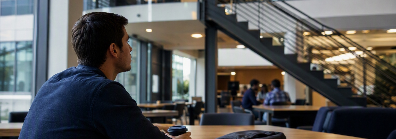 A focused adult discussing online computer information systems degree options in a modern workspace