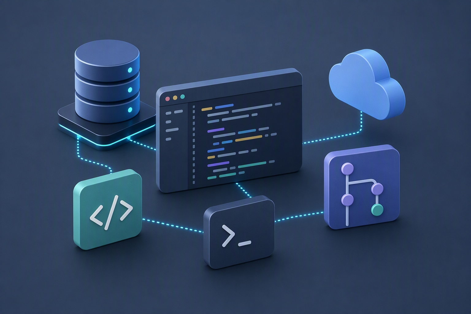 Illustration of programming, database, cloud, and version-control tools for computer science curriculum