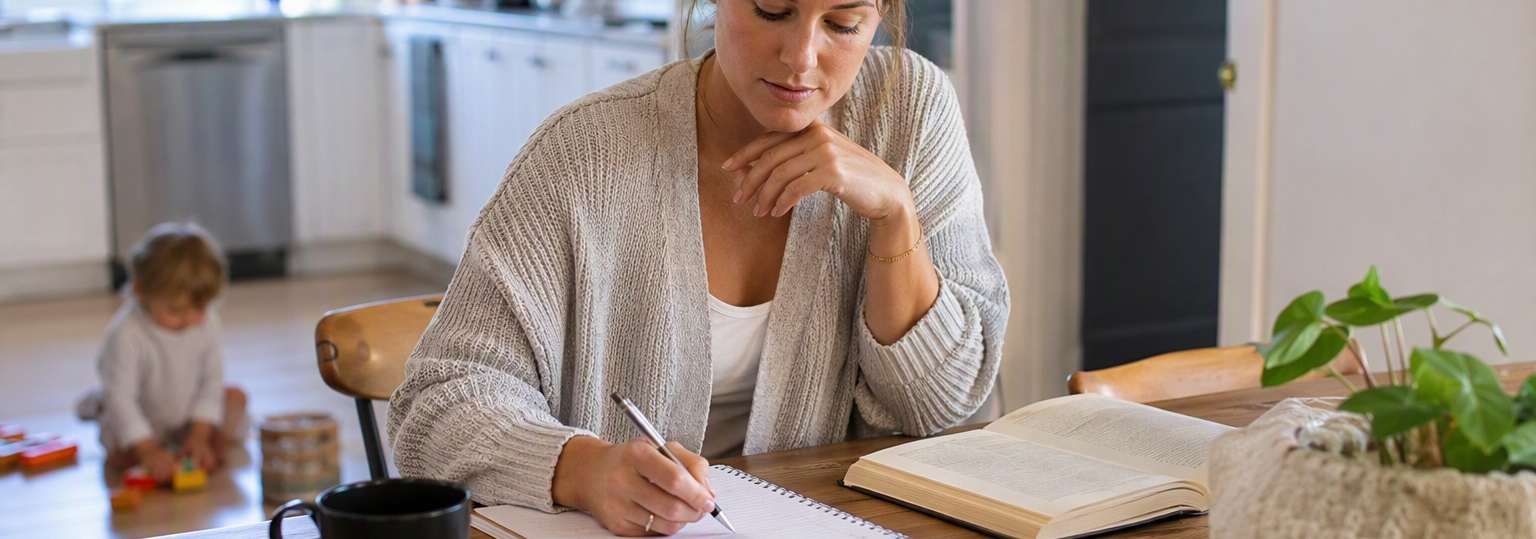 Adult student comparing online counseling master's programs in a modern study setting