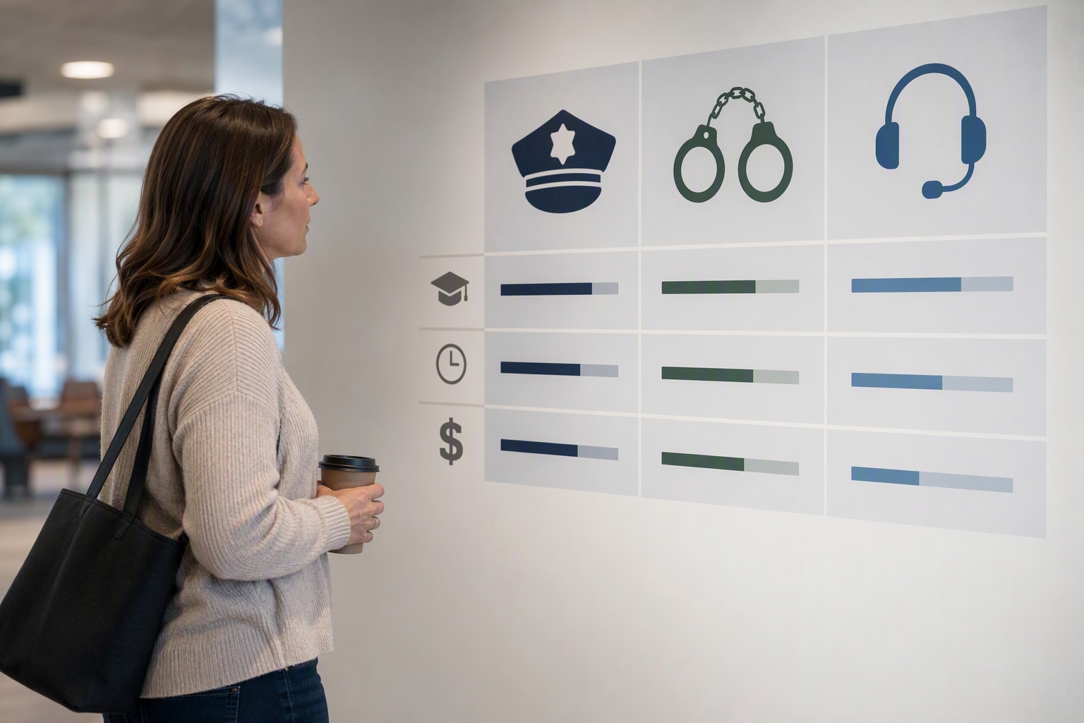 Comparison graphic showing costs and fit for police, corrections, and agency support careers