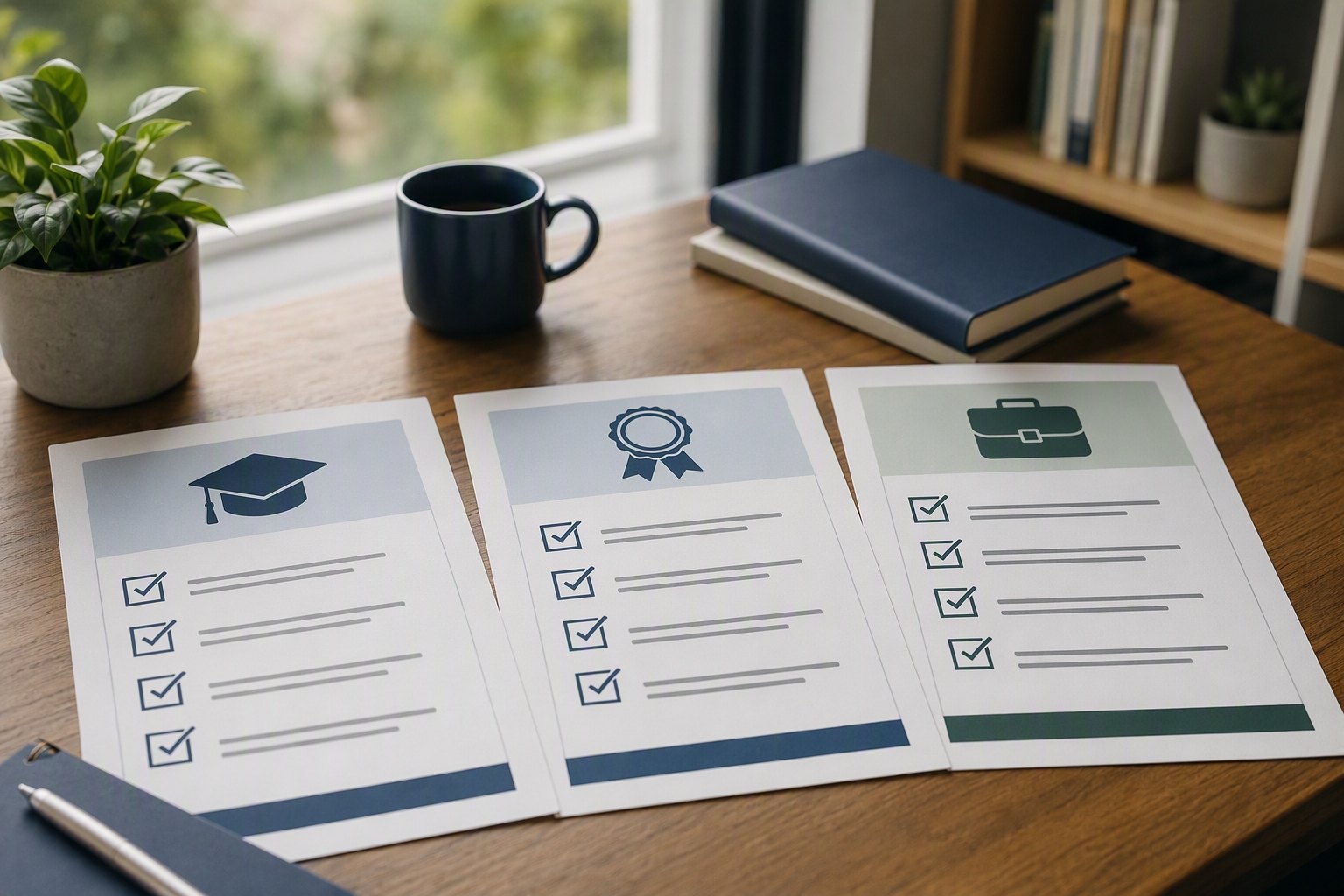 Graphic showing transcript, certification, and résumé checklists for online cybersecurity master's admissions
