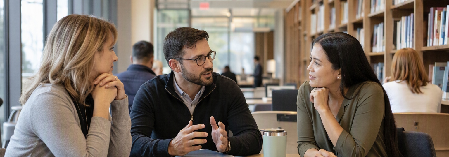 Two professionals discussing education administration strategies in a modern office setting