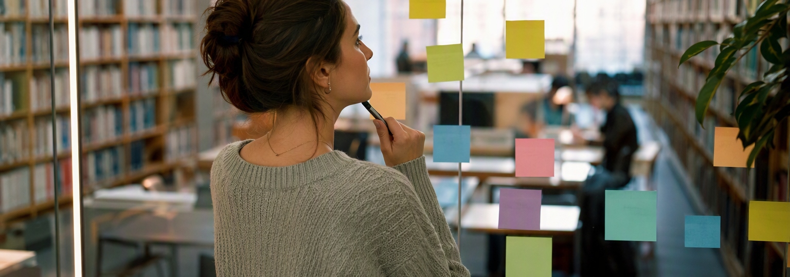 Two adults discussing career options in a bright, modern study space for online education