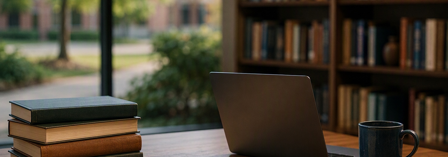 A group of diverse adults discussing online English master's specializations in a modern university setting