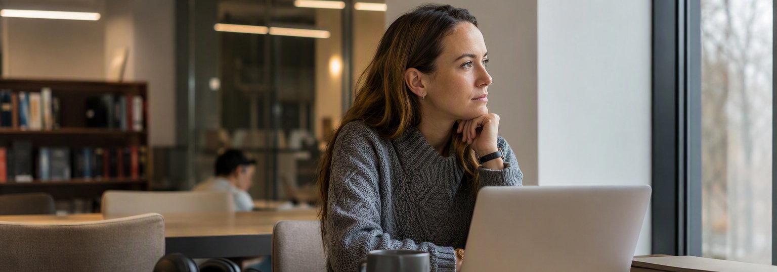 Adult studying online for a gifted education master's program in a cozy, natural light setting