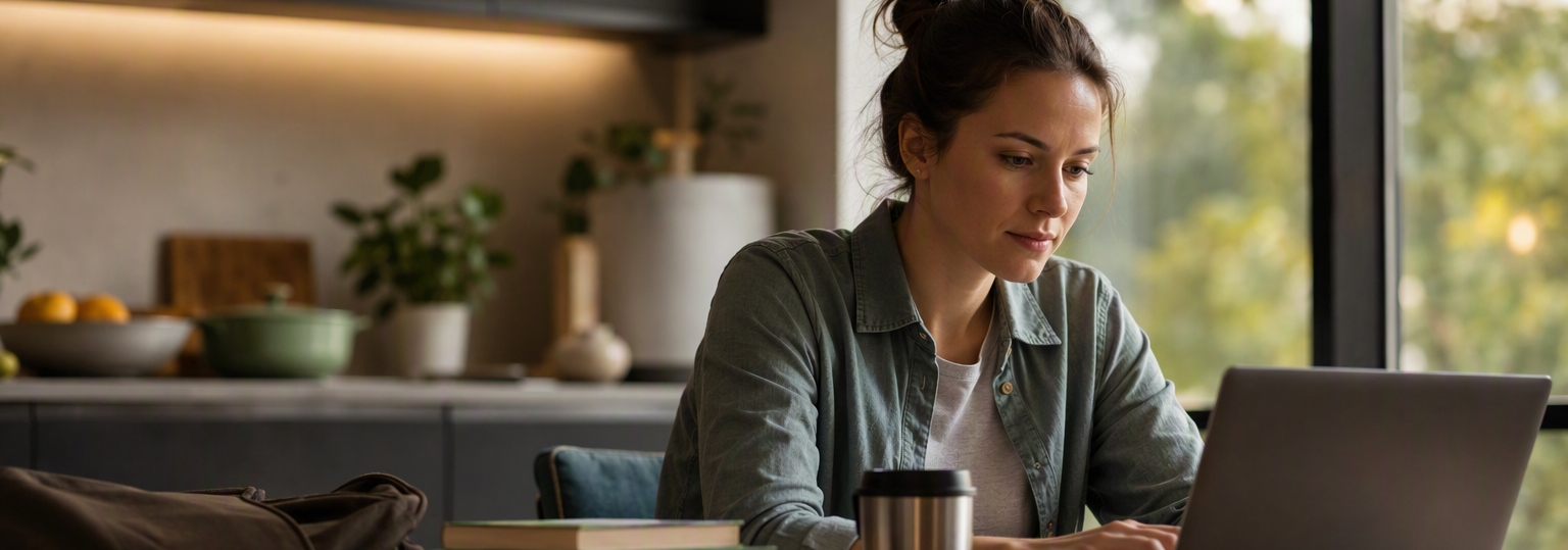 Professional adult studying in a comfortable workspace, reflecting online higher education master's workload