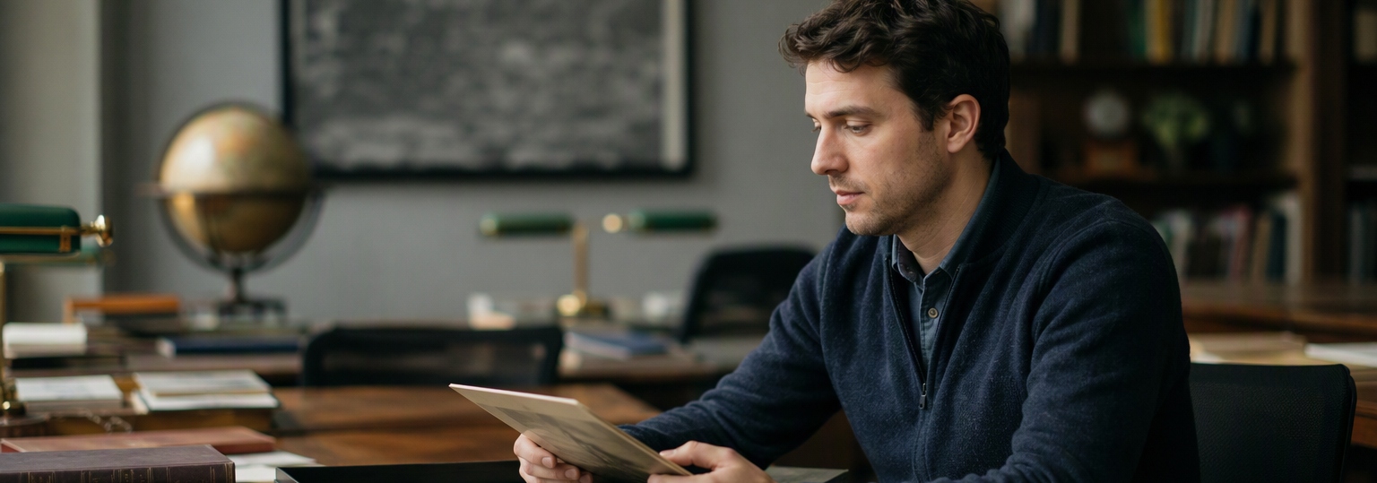 Adult discussing online history bachelor's admissions in a professional setting with educational materials