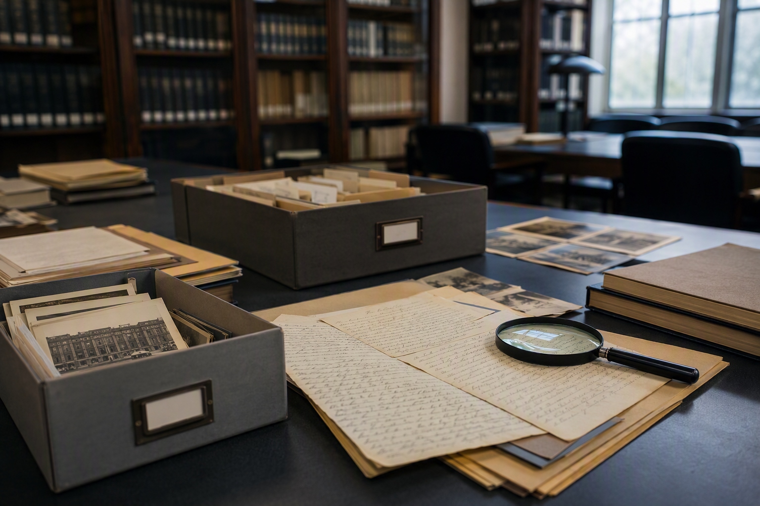 Archival research materials including books and documents for online history bachelor's program