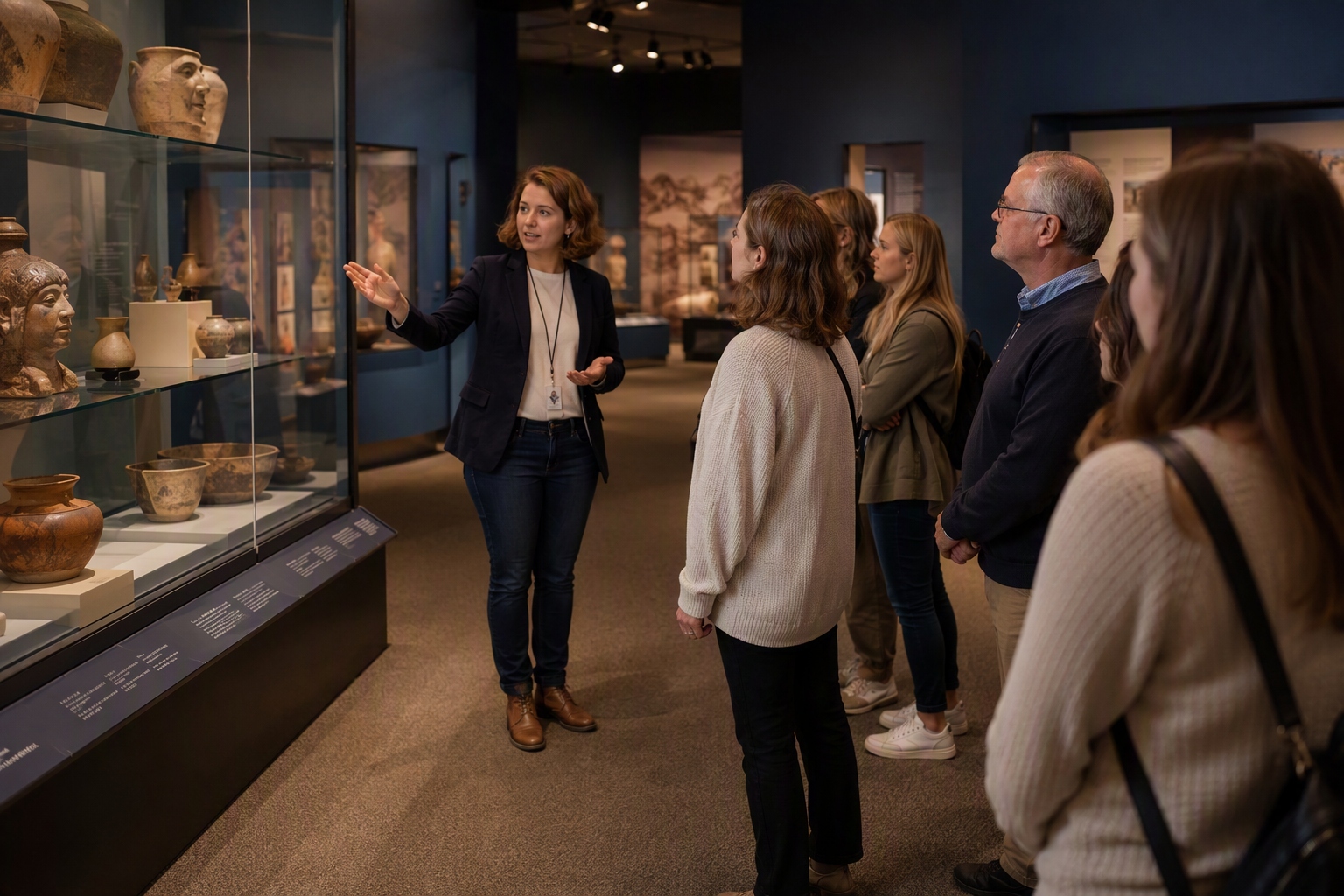 Museum educator guiding visitors through a historical exhibit at a museum